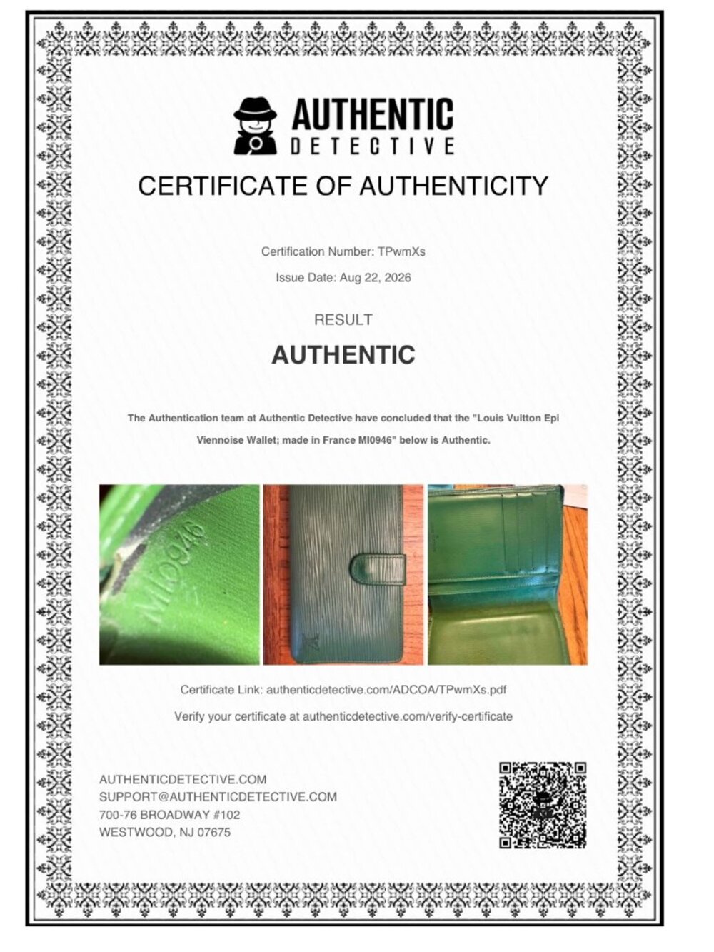 Vintage Louis Vuitton Portefeuille Viennois Borneo Green Gold Hardware 1996 COA - Picture 11 of 11